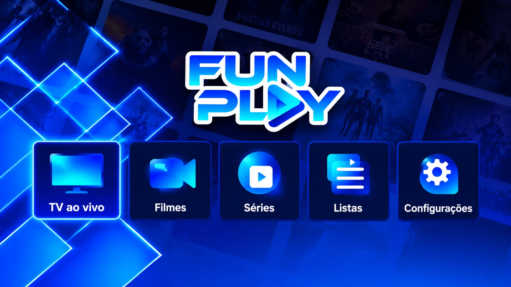 Interface do aplicativo Fun Play com menus e capas de filmes e séries lado a lado
